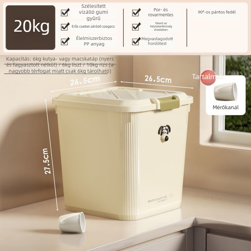 Macska- és kutyaeledel tároló zárható kanna, polipropilén, otthoni használatra