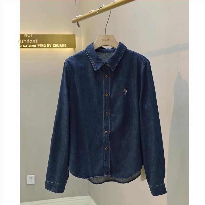 Denim hímzett kardigán-stílusú ing, hosszú ujjú, polo gallér