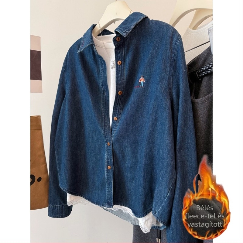 Denim hímzett kardigán-stílusú ing, hosszú ujjú, polo gallér
