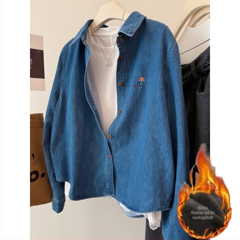 Denim hímzett kardigán-stílusú ing, hosszú ujjú, polo gallér