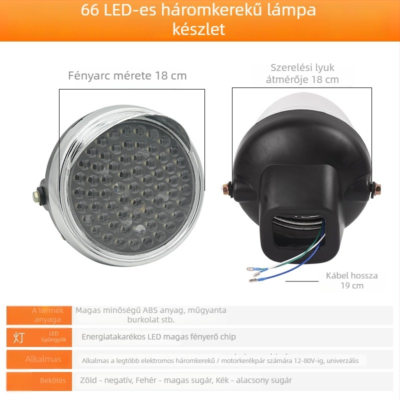 Elektromos háromkerekű fényszóró készlet: 60W, 12V, 66 LED, 2500 lm, műanyag ház