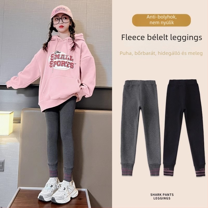 Lányok téli Sherpa béléses leggings – pamut anyag, középmagas derék, elasztikus derék, nyílás nélkül a lágyéknál, koreai stílus