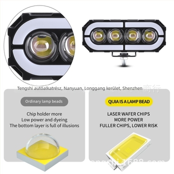 Motorkerékpár LED munkalámpa 4 LED-del, Démon szem, M-formájú széles sugar, 9–80 V, 28 W, IP55, 5000 lm