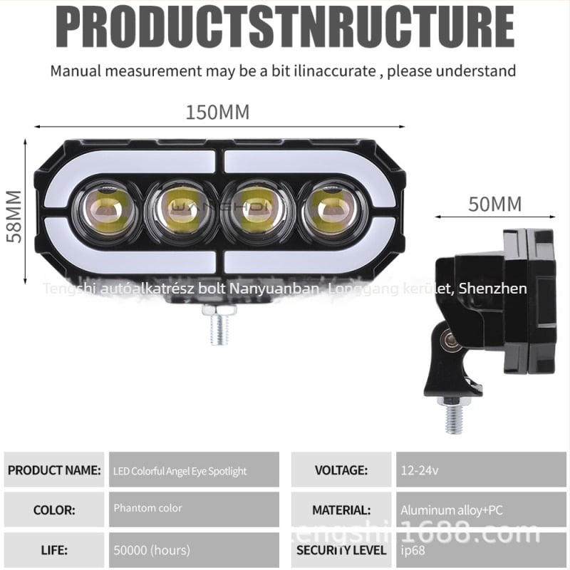 Motorkerékpár LED munkalámpa 4 LED-del, Démon szem, M-formájú széles sugar, 9–80 V, 28 W, IP55, 5000 lm
