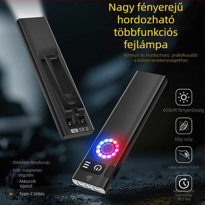 U8 Mini Flat-Barrel EDC zseblámpa, 650 lm, újratölthető, mágneses munka fény, vízálló