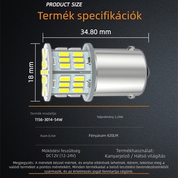 Autó LED hátsó lámpa 1156-3014-54W, 5.4W, DC12-24V, 3014SMD, 397.7LM