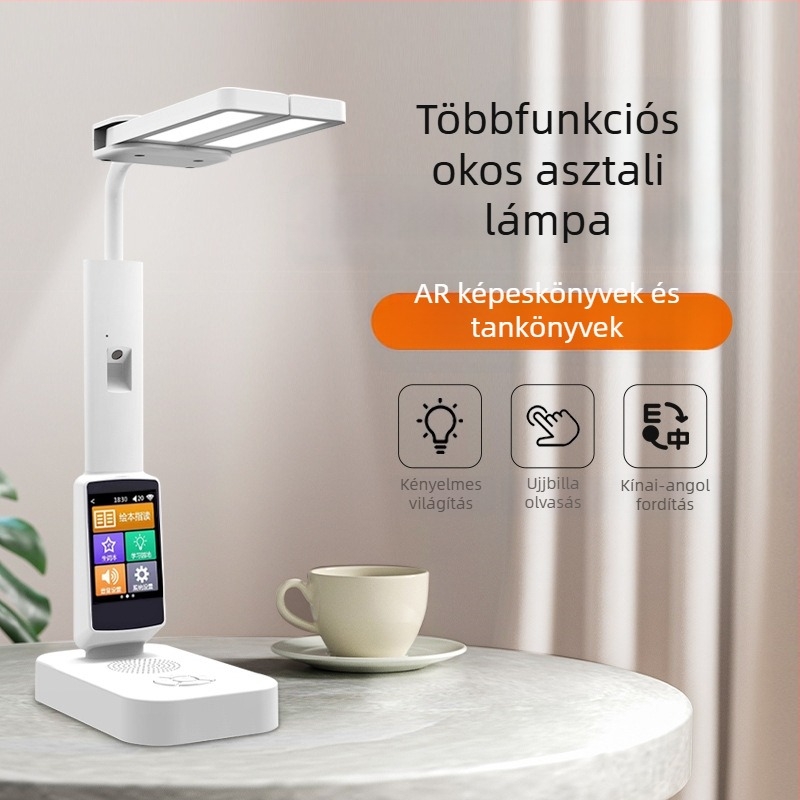 Intelligens tanulóasztali lámpa szemvédővel, AI hangalapú dialógus, szinkronizált tankönyv olvasás és fordítás, USB‑tápellátás 5V, hangvezérlés, magas CRI 95+