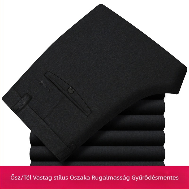 Őszi–téli vastag Osaka-stretch casual nadrág férfiaknak, lazán egyenes szabás, gyűrődésmentes, vasalás nélkül, magas derék, mély kivágás, középkorúaknak