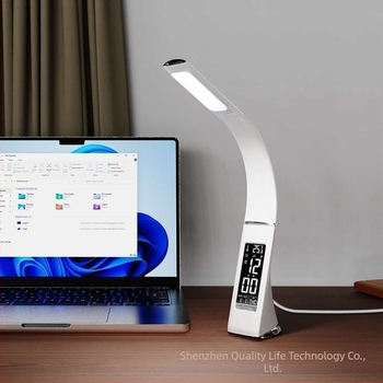 Íróasztali lámpa naptárral és ébresztőórával, szemvédő, villogásmentes LED, USB tápegység, 7W, érintéses kapcsoló, CRI 80–89, CE tanúsítvány