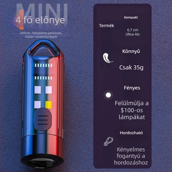 LED mini elemlámpa kulcstartóhoz, 360° forgatás, teleszkópos zoom, vízálló, akkumulátoros