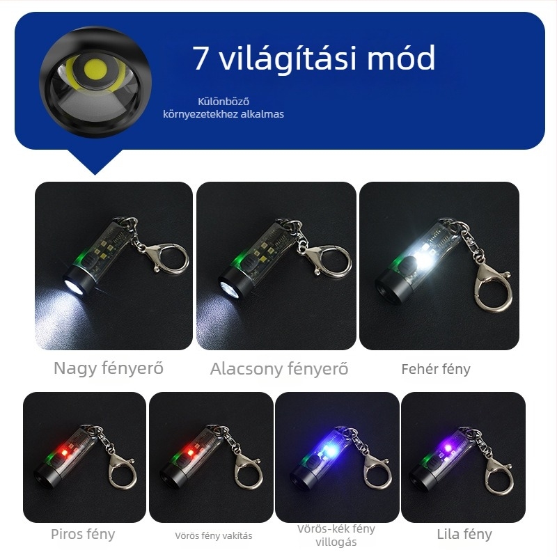 LED mini elemlámpa kulcstartóhoz, 360° forgatás, teleszkópos zoom, vízálló, akkumulátoros