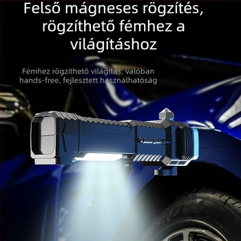 Autóvészhelyzeti többfunkciós zseblámpa, vízálló, 100-240 lm, hatótáv 100-200 m, akkumulátoros, töltő a csomagban