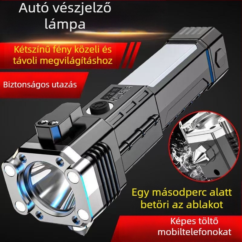 Autóvészhelyzeti többfunkciós zseblámpa, vízálló, 100-240 lm, hatótáv 100-200 m, akkumulátoros, töltő a csomagban