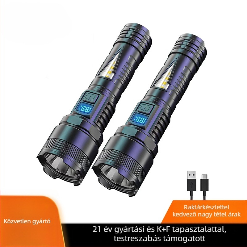 Kézi zseblámpa 10W, 300 lm, 200 m hatótávolság, IP6 védettség, USB-C töltés