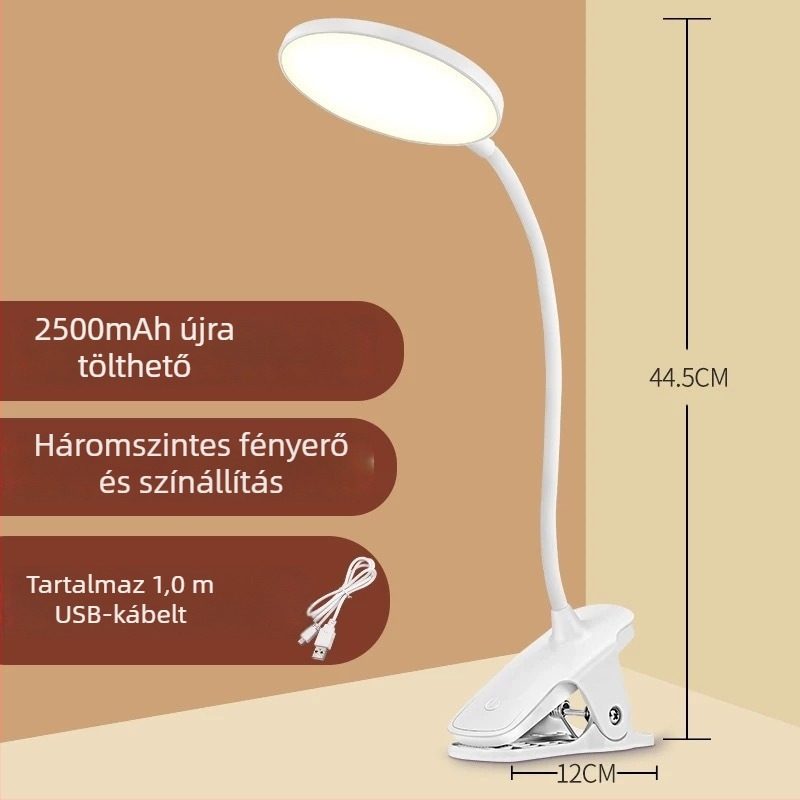 LED clip asztali lámpa USB töltéssel és plug-in, érintéses vezérlés, három színhőmérséklet-mód