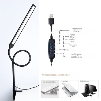 LED asztali lámpa hajlékony nyakkal szemvédő, USB-s tápegység, egyfejű, clip-on olvasólámpa az asztalhoz