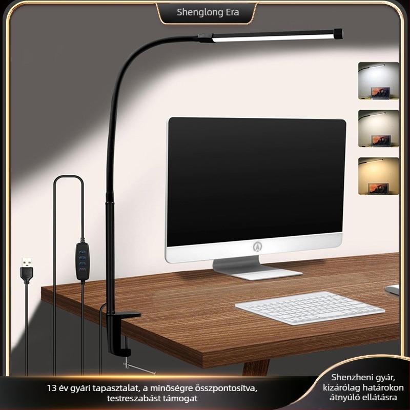 LED asztali lámpa hajlékony nyakkal szemvédő, USB-s tápegység, egyfejű, clip-on olvasólámpa az asztalhoz