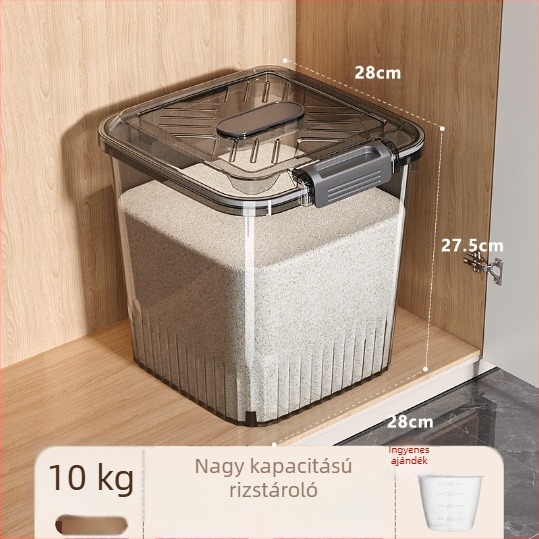 Rizs- és gabonatároló konténer – záró, nedvesség- és kártevővédelmi funkcióval; anyag: PP műanyag; kapacitás: 10 L vagy nagyobb; stílus: modern minimalist