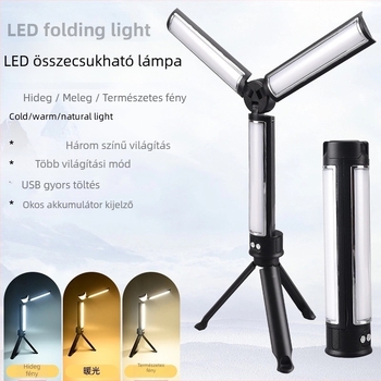 Összecsukható, hordozható LED munkalámpa tartóval, USB töltés, 10W, beépített akkumulátor, többfunkciós