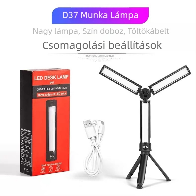 Összecsukható, hordozható LED munkalámpa tartóval, USB töltés, 10W, beépített akkumulátor, többfunkciós