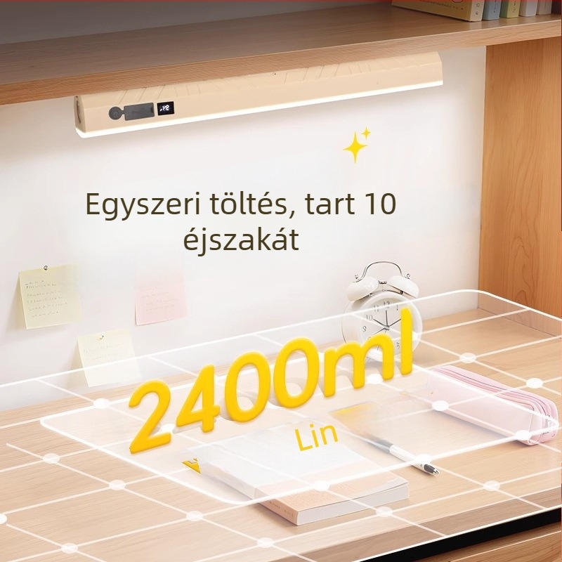 Tanuláshoz tervezett íróasztali lámpa szemvédő funkcióval, újratölthető beépített lítium akkumulátorral, mágneses olvasólámpa, fényerő és színhőmérséklet szabályozható