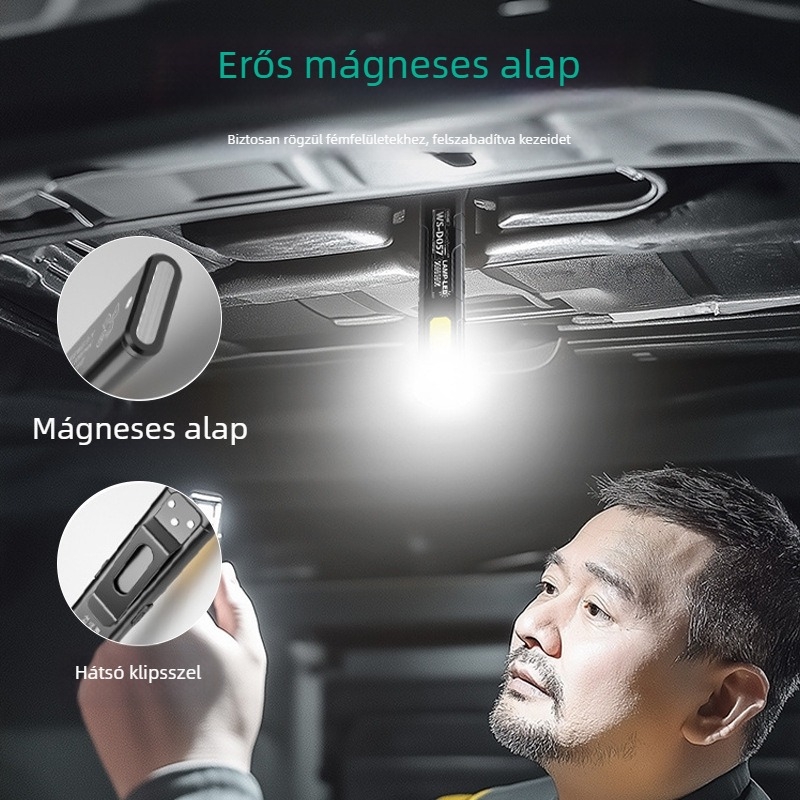 Kompakt mágneses COB LED elemlámpa, ultrakönnyű dizájn, újratölthető, 3W, 400 mAh akkumulátor, hatótávolság akár 50 m