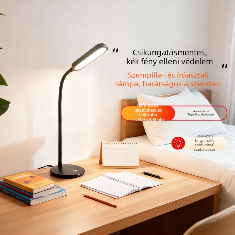 Összecsukható íróasztali lámpa szemvédővel, olvasáshoz és tanuláshoz, újratölthető, szabályozható fényerő, USB tápegység, 5W