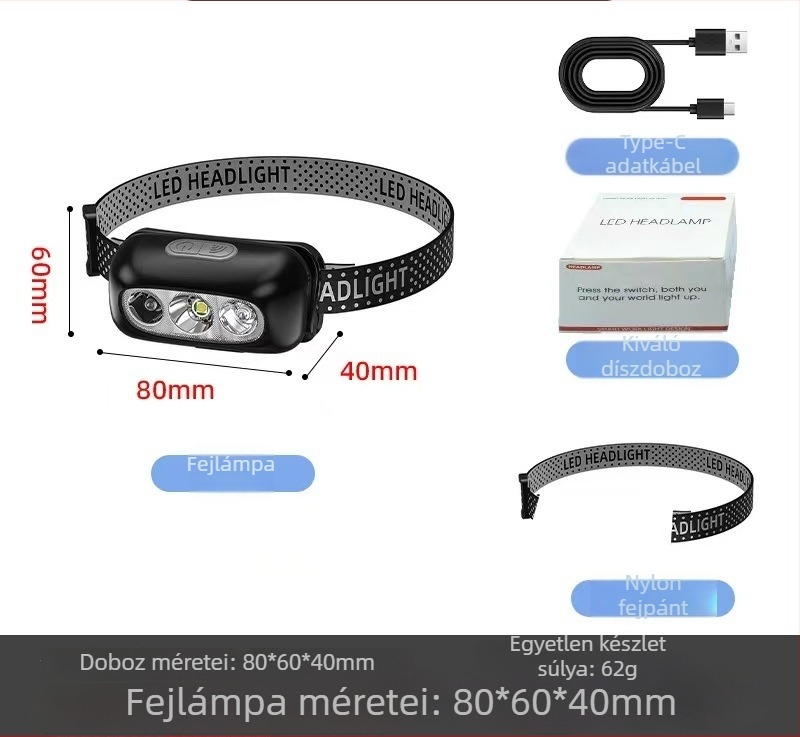 Külső használatra tervezett fejlámpa, ultra‑fényes LED-del szenzorral, hosszú akkumulátor-üzemidő, újratölthető, alkalmas horgászatra és autójavításra