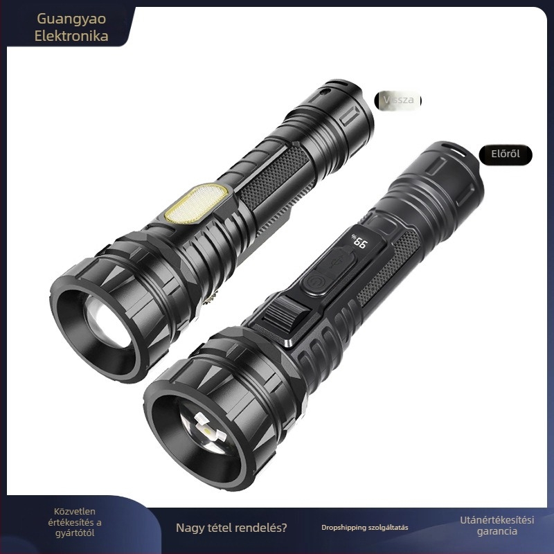 LED zseblámpa erős fénnyel és lézerrel, kültéri újratölthető COB munkalámpa, 1200mAh, 10W, 200–500 m hatótáv, többfunkciós