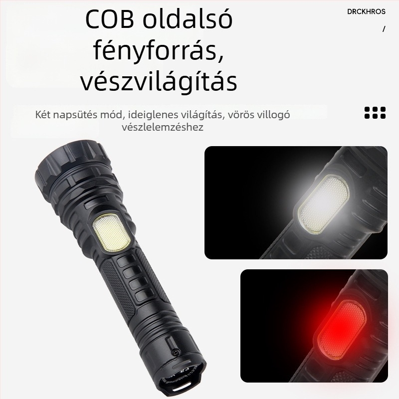 LED zseblámpa erős fénnyel és lézerrel, kültéri újratölthető COB munkalámpa, 1200mAh, 10W, 200–500 m hatótáv, többfunkciós