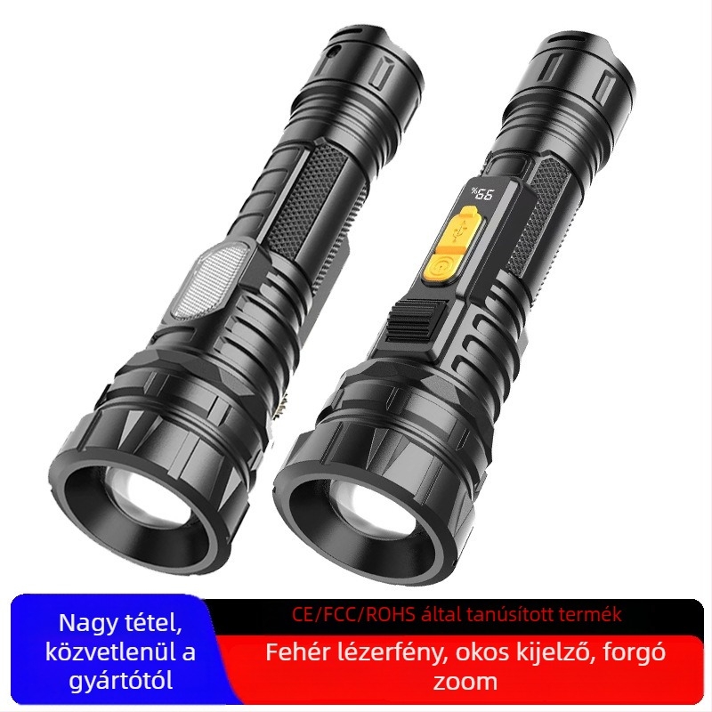 LED zseblámpa erős fénnyel és lézerrel, kültéri újratölthető COB munkalámpa, 1200mAh, 10W, 200–500 m hatótáv, többfunkciós