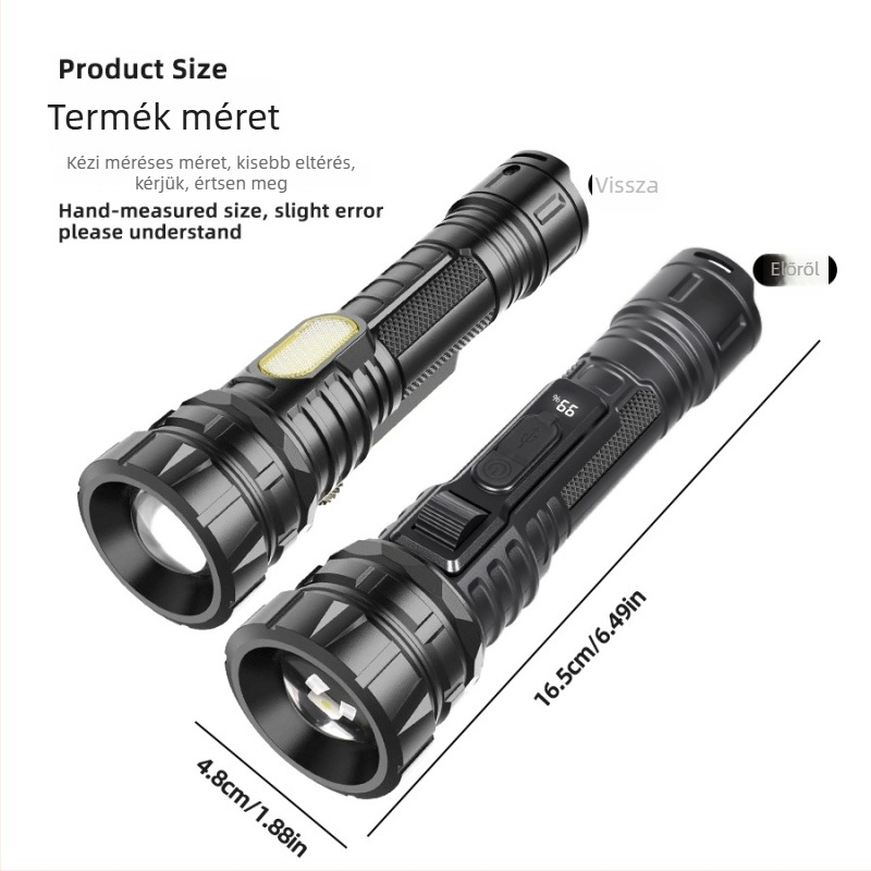 LED zseblámpa erős fénnyel és lézerrel, kültéri újratölthető COB munkalámpa, 1200mAh, 10W, 200–500 m hatótáv, többfunkciós