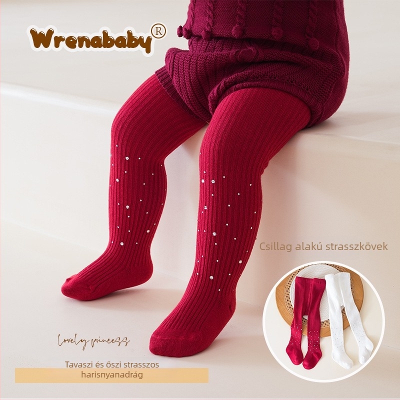 Gyerekeknek készült puha pamutból készült leggings kristálydíszítéssel, tavasz–ősz, magas elasztikusság, 3–8 év
