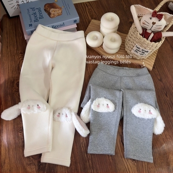 Lányok téli vastag leggings fleece-béléssel, nyuszi-fül dizájn, 90–95% pamut, 3–8 éveseknek