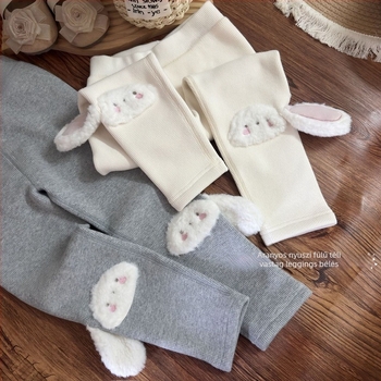 Lányok téli vastag leggings fleece-béléssel, nyuszi-fül dizájn, 90–95% pamut, 3–8 éveseknek