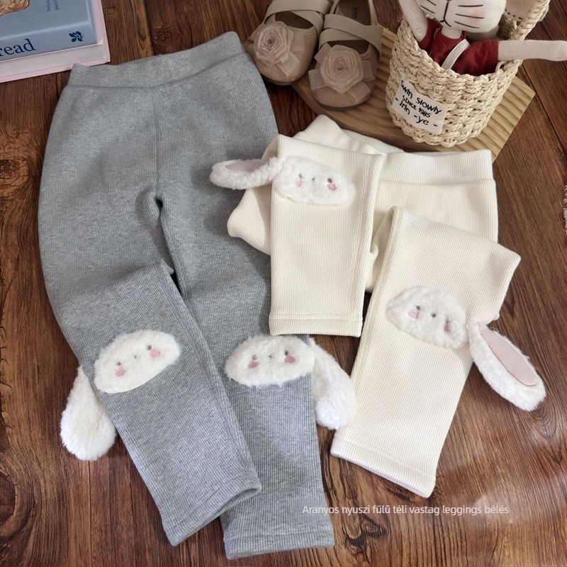Lányok téli vastag leggings fleece-béléssel, nyuszi-fül dizájn, 90–95% pamut, 3–8 éveseknek