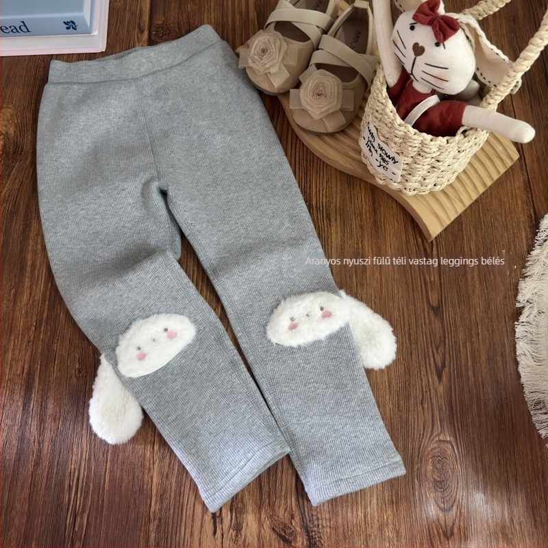 Lányok téli vastag leggings fleece-béléssel, nyuszi-fül dizájn, 90–95% pamut, 3–8 éveseknek