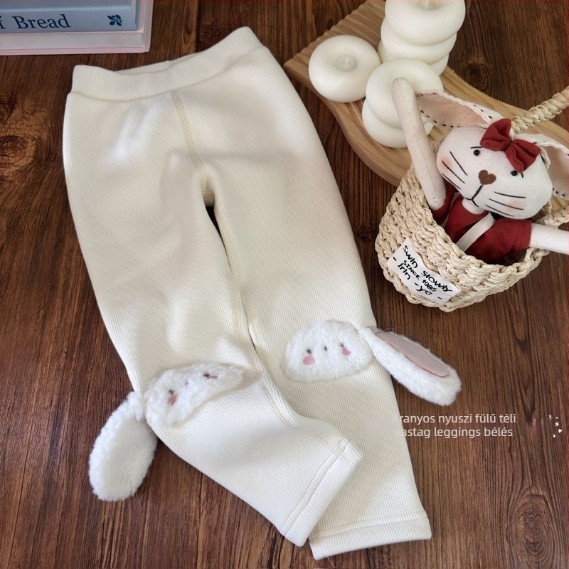 Lányok téli vastag leggings fleece-béléssel, nyuszi-fül dizájn, 90–95% pamut, 3–8 éveseknek