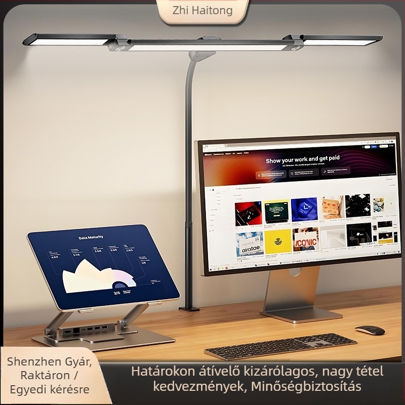 LED asztali lámpa klipzes, háromfejű összecsukható kivitel szemvédelmet és tanulást segít, fém árnyékoló