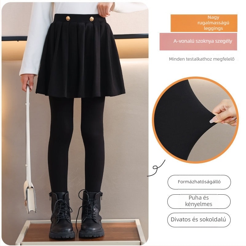 Lányoknak készült plüss belű szoknyás nadrág, pamut, hercegnő-stílus, téli modell, 8 év felett