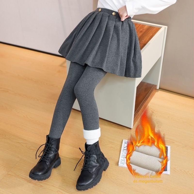 Lányoknak készült plüss belű szoknyás nadrág, pamut, hercegnő-stílus, téli modell, 8 év felett