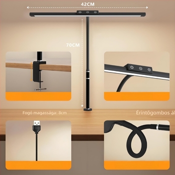 Csíptethető USB-s asztali lámpa monitorhoz – szemvédő LED, érintéses vezérlés, 8–12W