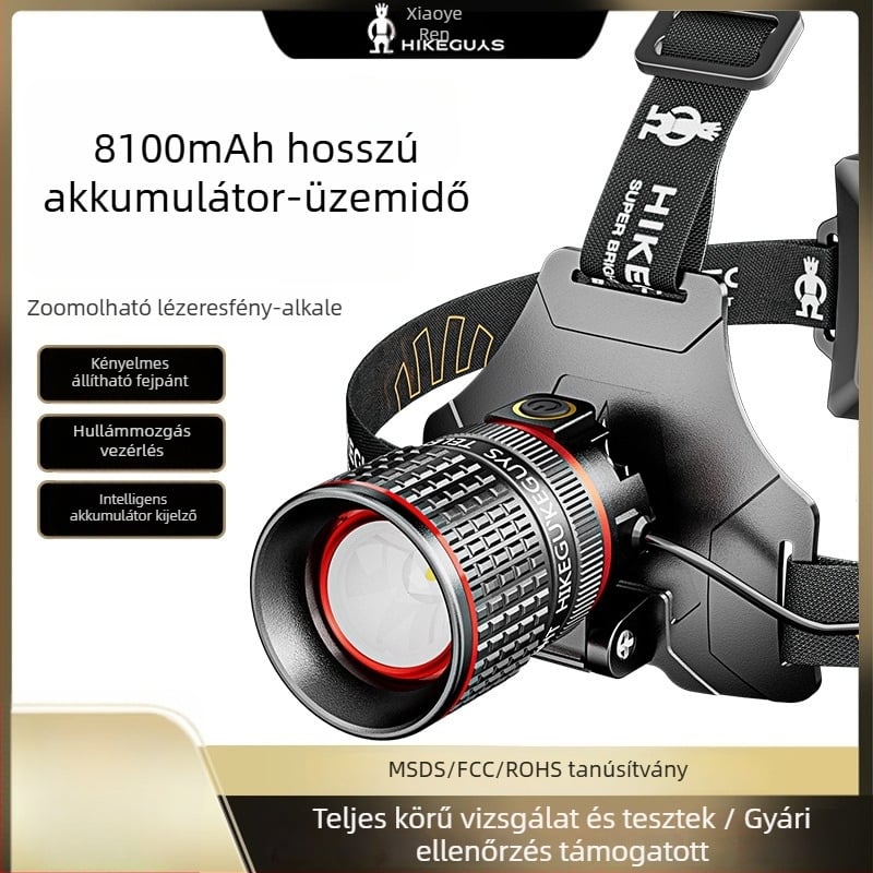 Fejlámpa LED 30W, vízálló, 500 m+ hatótáv, 18650 akkumulátor, újratölthető, 360° forgás, kézi töltés, ideális éjszakai horgászathoz és kirándulásokhoz
