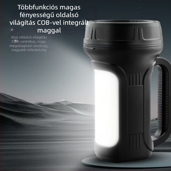 Napelemes, kézi tekerős zseblámpa kültéri használatra, LED+COB, 10W, 500 m hatótáv, hordozható munkalámpa