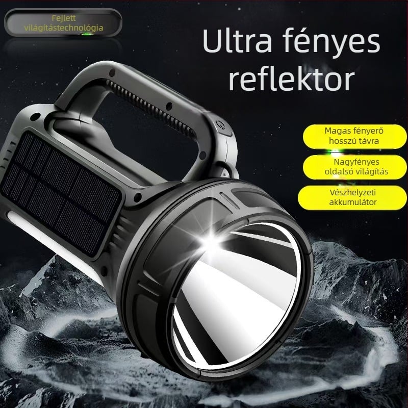 Napelemes, kézi tekerős zseblámpa kültéri használatra, LED+COB, 10W, 500 m hatótáv, hordozható munkalámpa