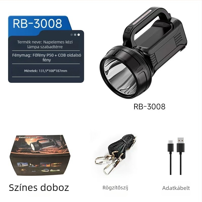 Napelemes, kézi tekerős zseblámpa kültéri használatra, LED+COB, 10W, 500 m hatótáv, hordozható munkalámpa