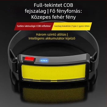 COB LED fejlámpa, 10W, 1200mAh, Type-C töltés, vízálló, hatótáv 200–500 m