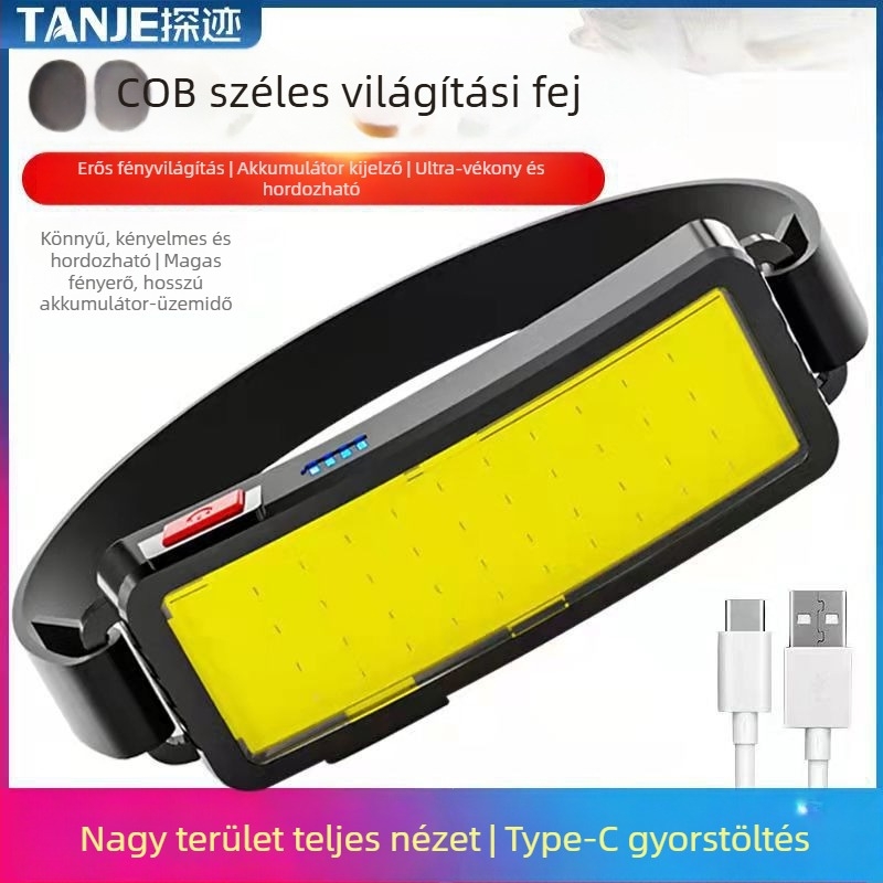 COB LED fejlámpa, 10W, 1200mAh, Type-C töltés, vízálló, hatótáv 200–500 m