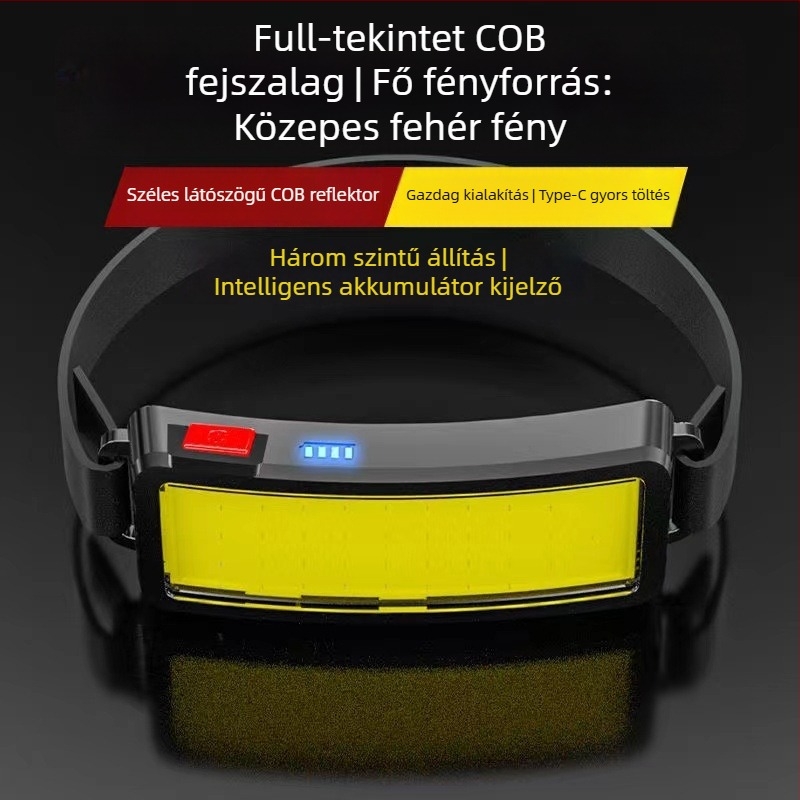 COB LED fejlámpa, 10W, 1200mAh, Type-C töltés, vízálló, hatótáv 200–500 m