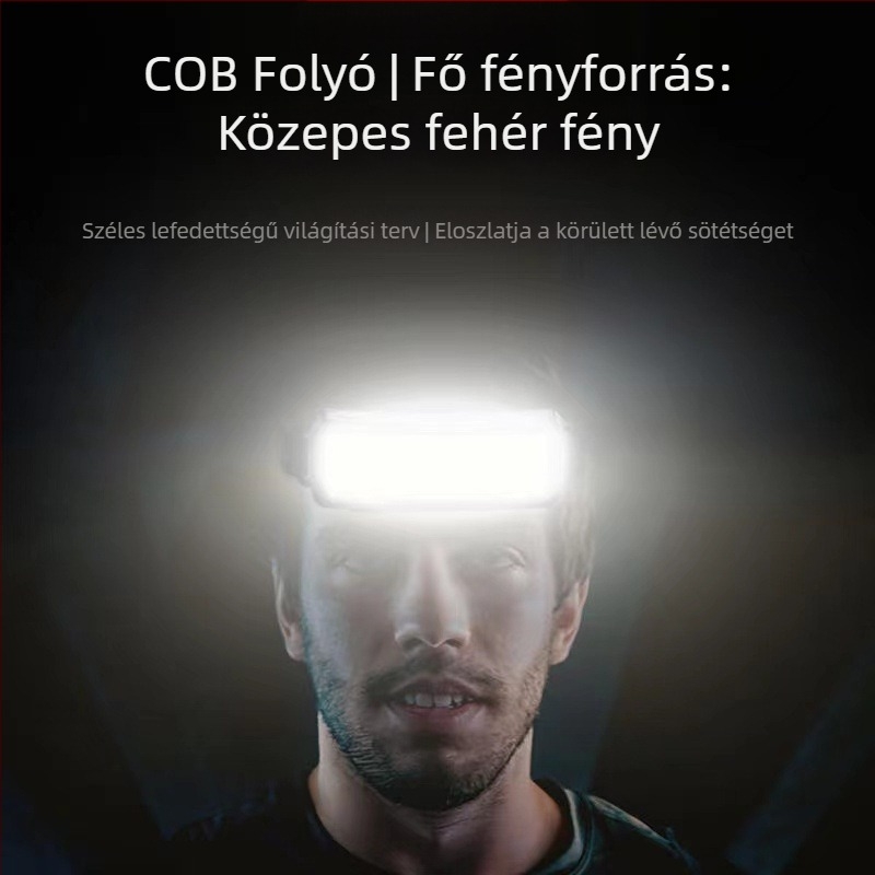 COB LED fejlámpa, 10W, 1200mAh, Type-C töltés, vízálló, hatótáv 200–500 m